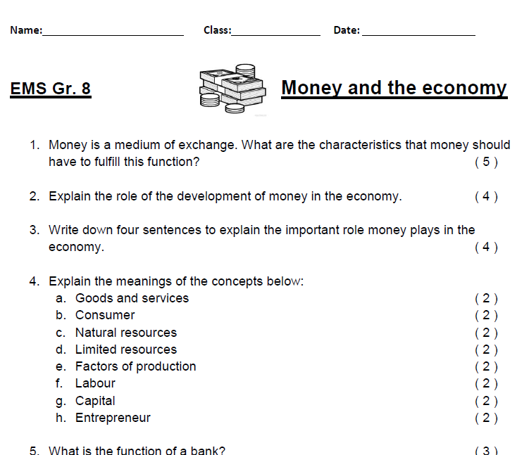 term ems worksheets 7 grade 1 Money / EMS and the test Class â€“ Gr. 8 economy. Worksheet
