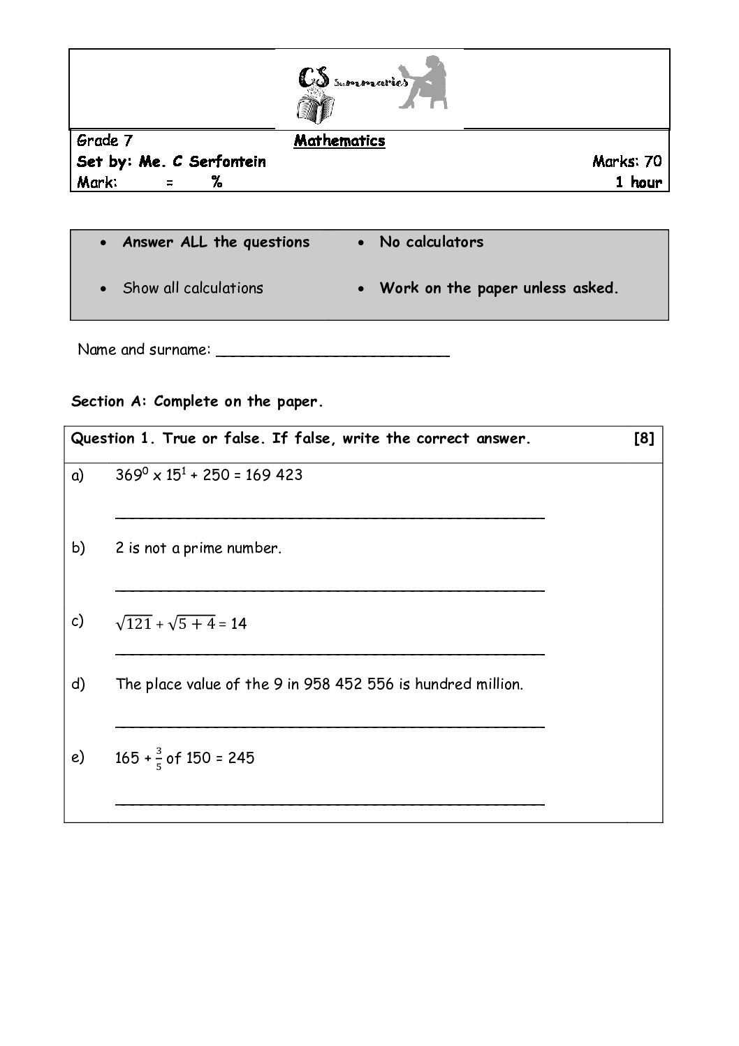 Grade 7 Maths Past Papers Term 3
